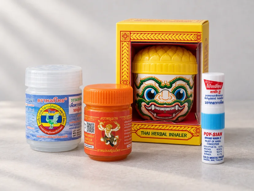 Inhalatory Ya Dom marek Hong Thai, Hanuman, Poy-Sian i Holen na jasnym tle
